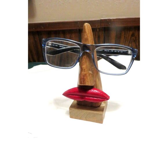 Wooden Eyeglass Stand Holder Hand Carved Nose Red Lips Eyeglass Display - Picture 1 of 4